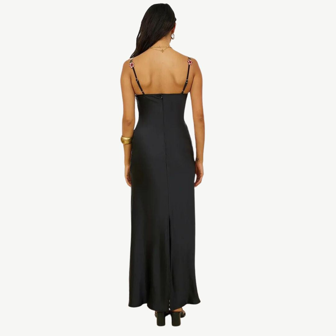 Elegant satin maxi dress with filigree floral embellishment