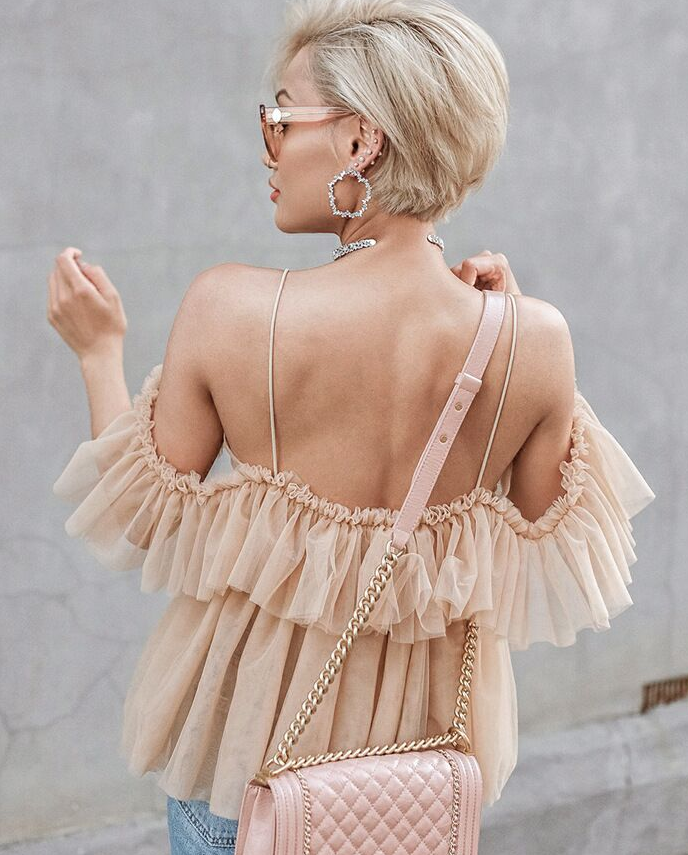 Strappy frill mesh blouse chic