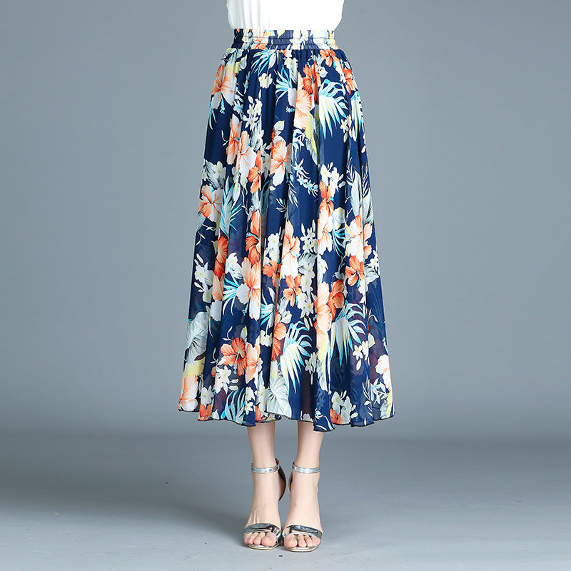 Modern retro skirt printed chiffon dress pleated skirt