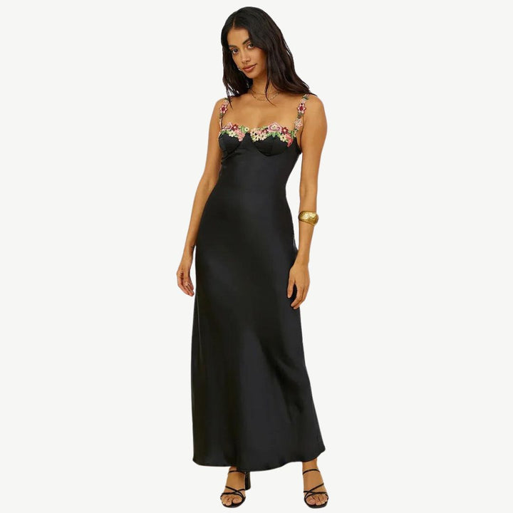 Elegant satin maxi dress with filigree floral embellishment