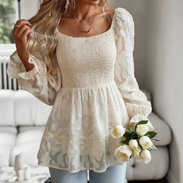 Ruffled blouse with a square neckline and sheer sleeves