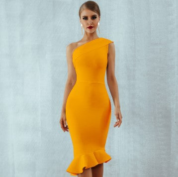 Timeless cross-shoulder fishtail slim fit dress