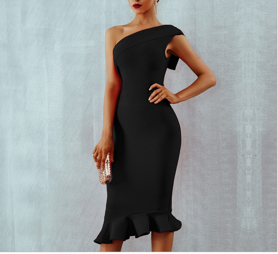 Timeless cross-shoulder fishtail slim fit dress