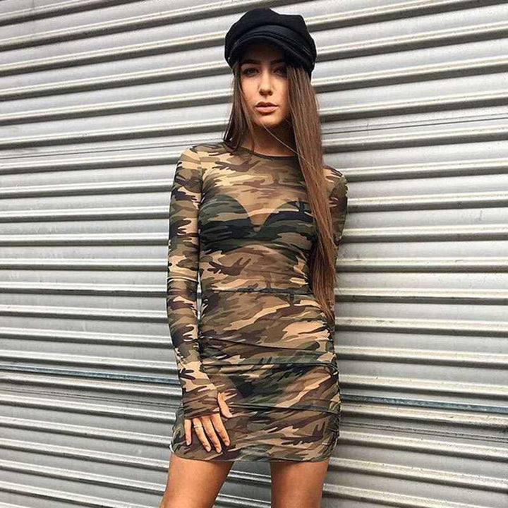 Timeless Mesh Camouflage Hot Sale Tight Sheer Waist Dress