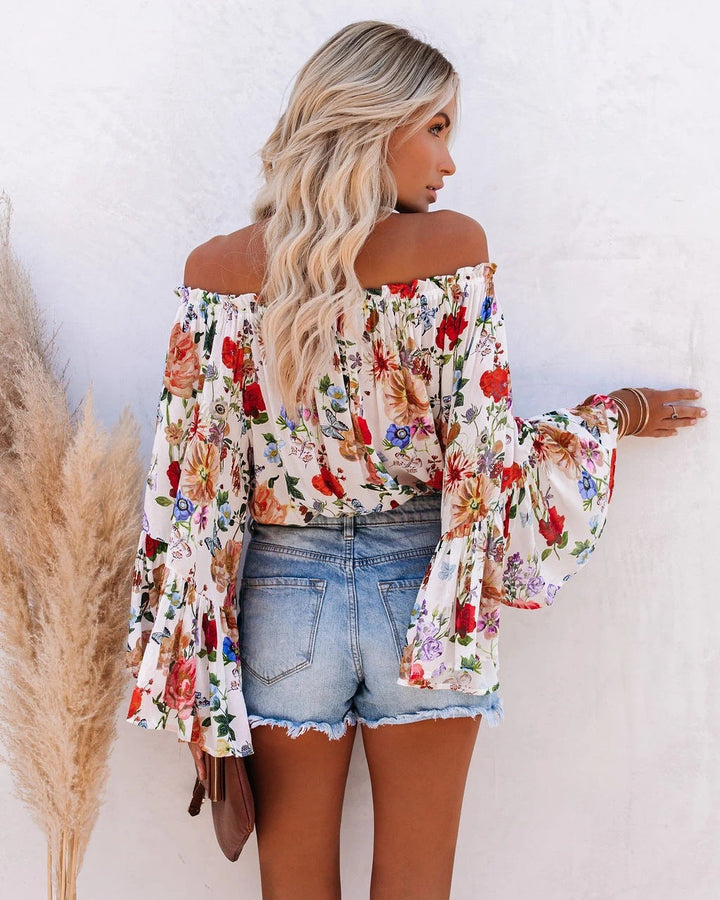 Printed one-shoulder blouse with flared sleeves All-match blouse