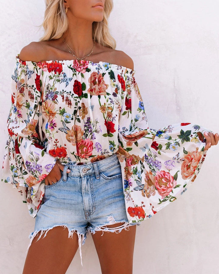 Printed one-shoulder blouse with flared sleeves All-match blouse