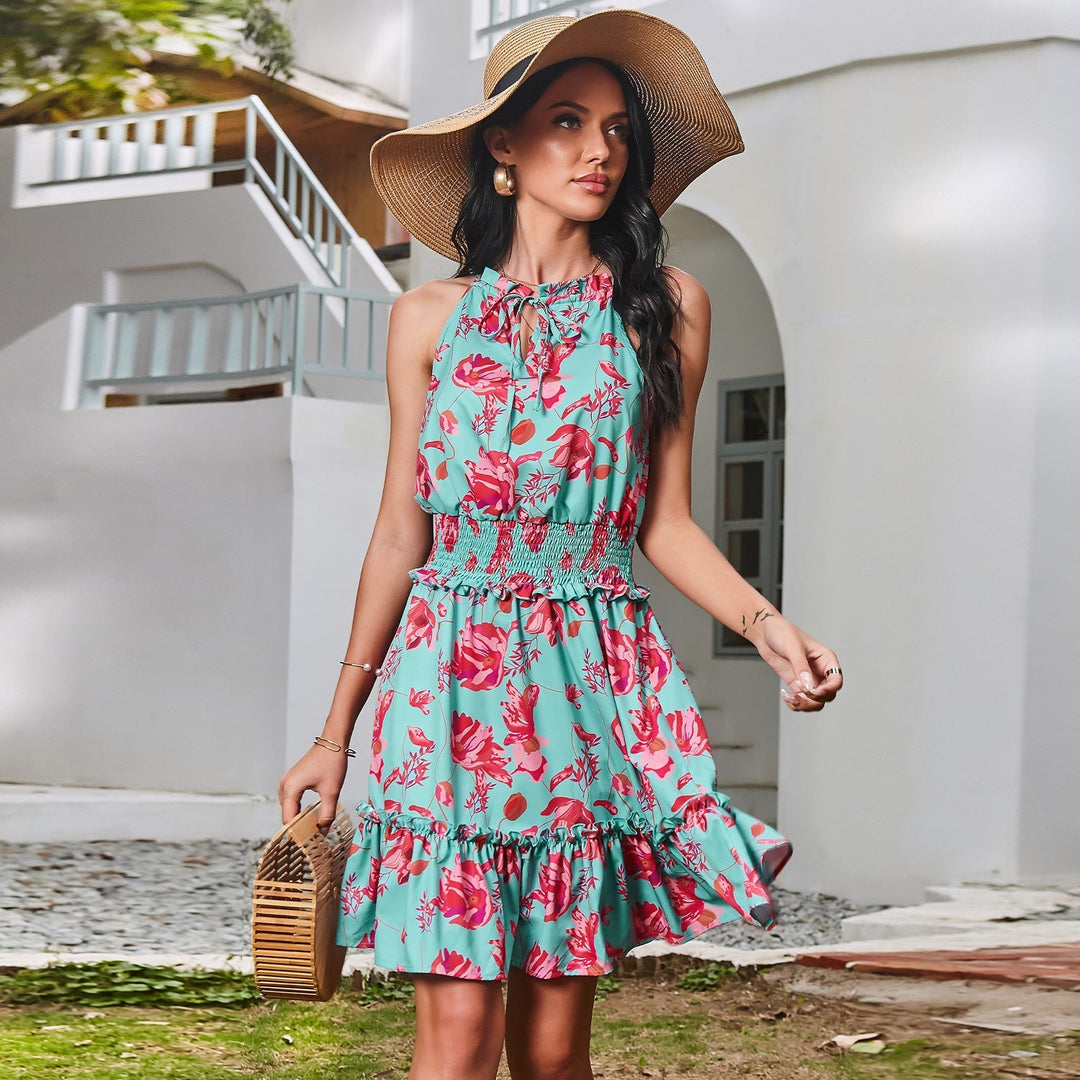 Temperament Elegant Waist Printed Ruffled Dress