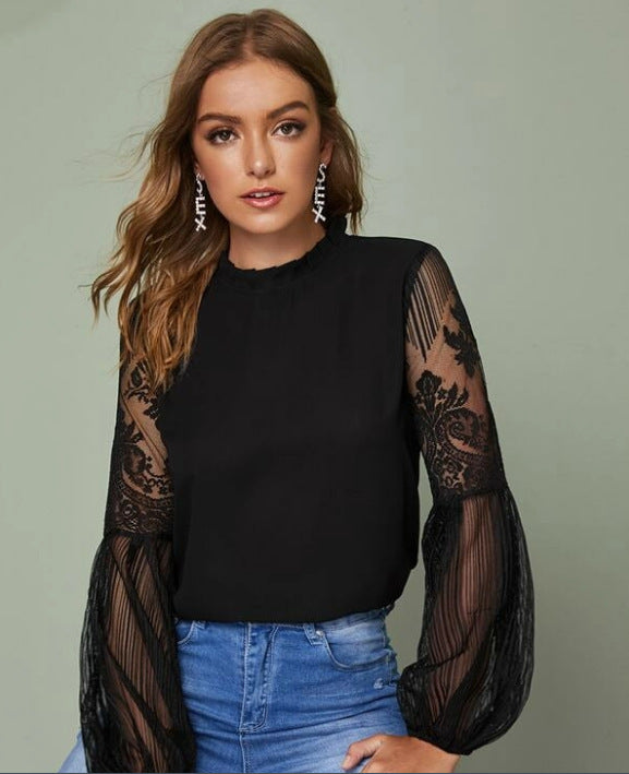 Lace see-through elegant women's blouse