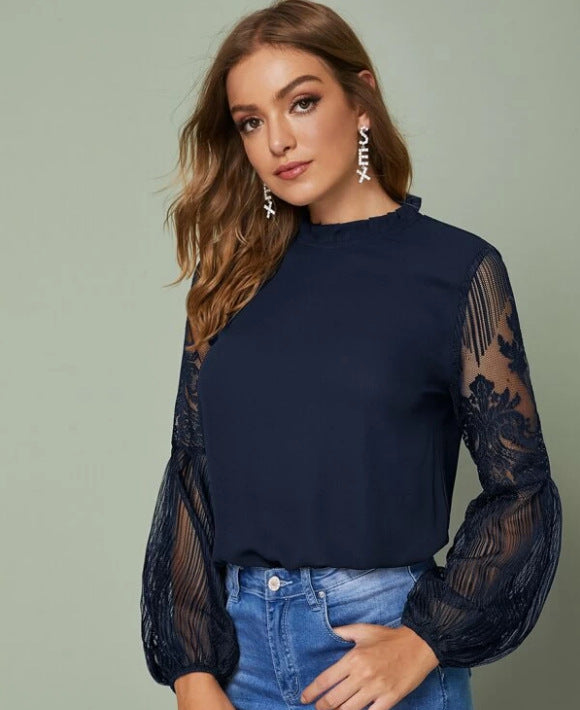 Lace see-through elegant women's blouse