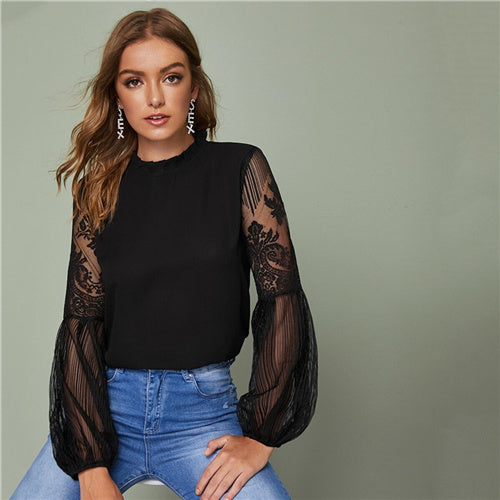 Lace see-through elegant women's blouse