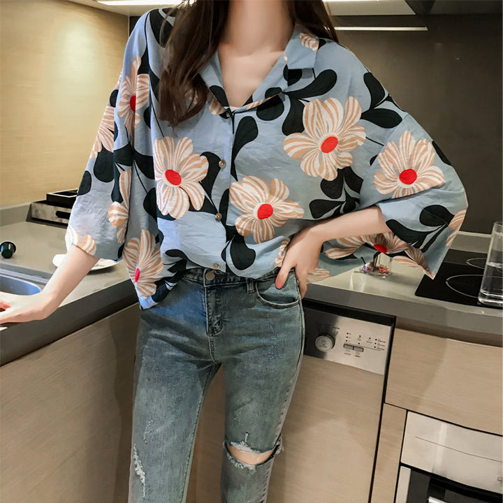 Loose Western Style Bluse Chiffon Retro Floral