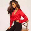 Modern deep V-neck ladies top long sleeve