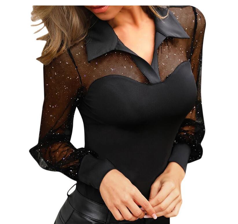 Women'S V-neck polka dot solid mesh long sleeve blouse