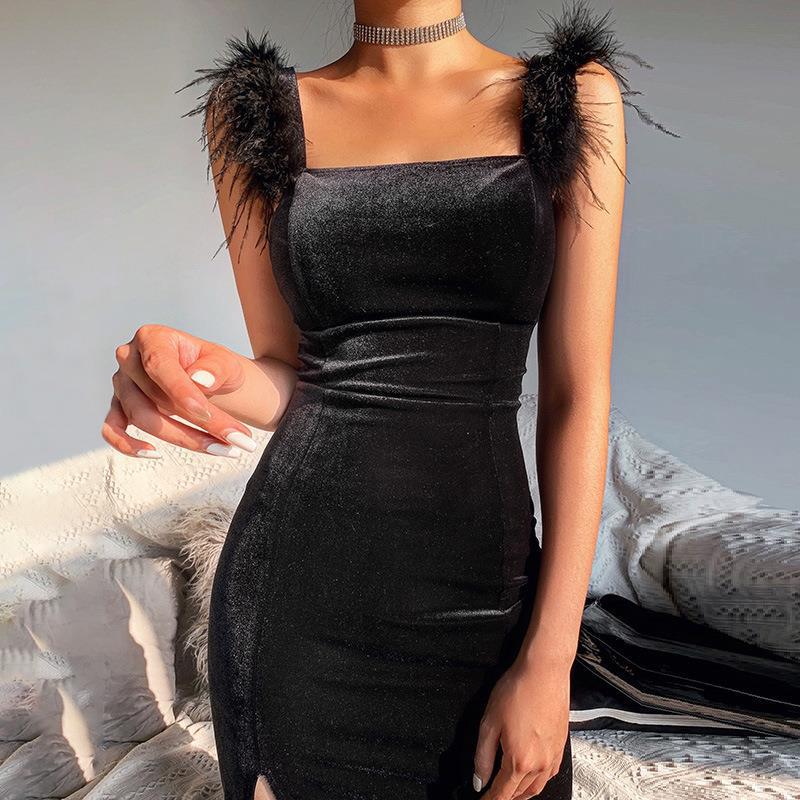 High quality temperament mid-length dress with split fur shoulder