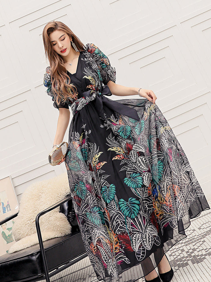 Timeless Puff Sleeves V-Neck Floral Dress Fashion