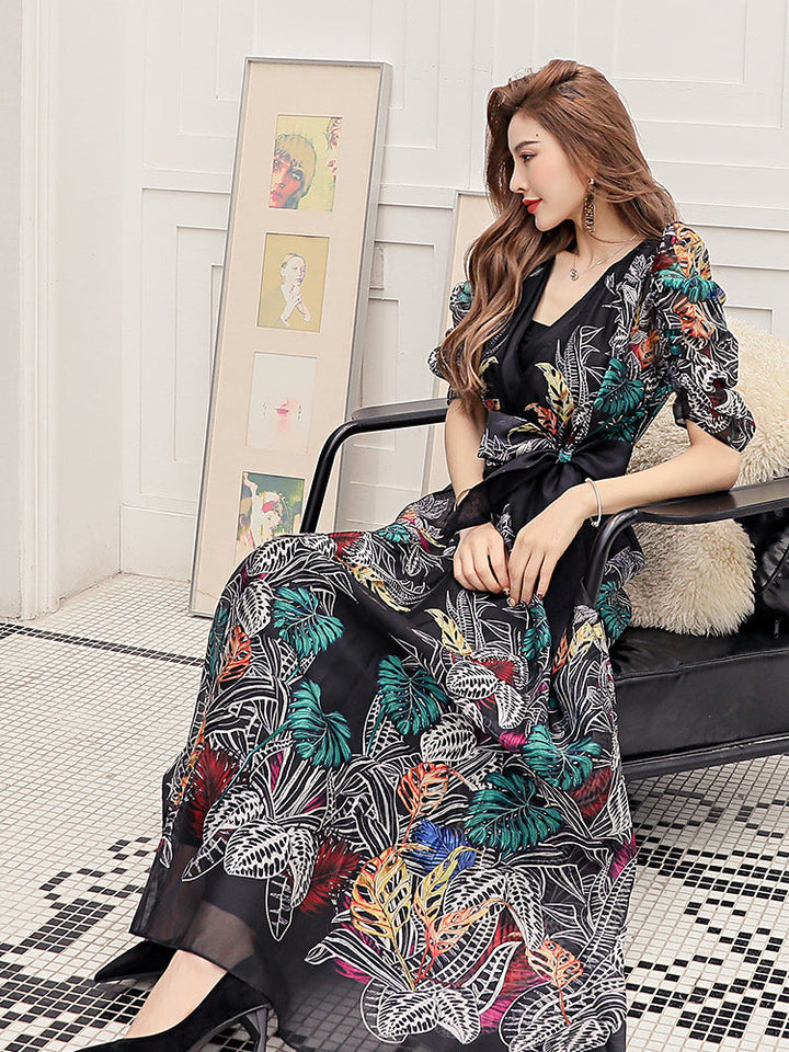 Timeless Puff Sleeves V-Neck Floral Dress Fashion