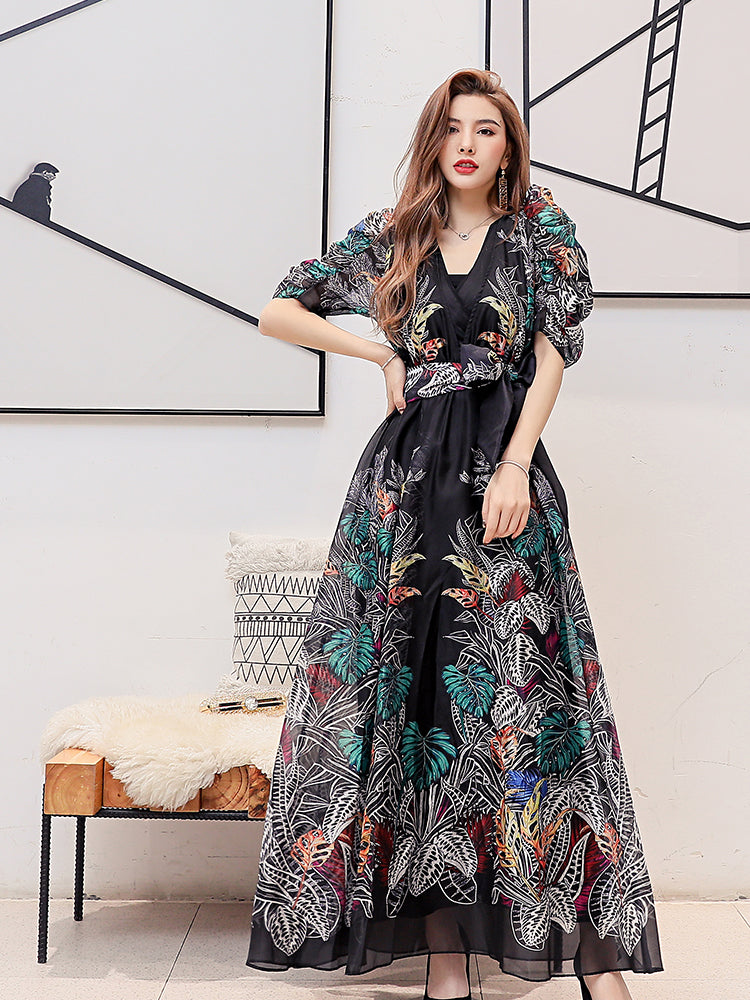 Timeless Puff Sleeves V-Neck Floral Dress Fashion