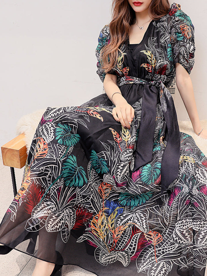 Timeless Puff Sleeves V-Neck Floral Dress Fashion