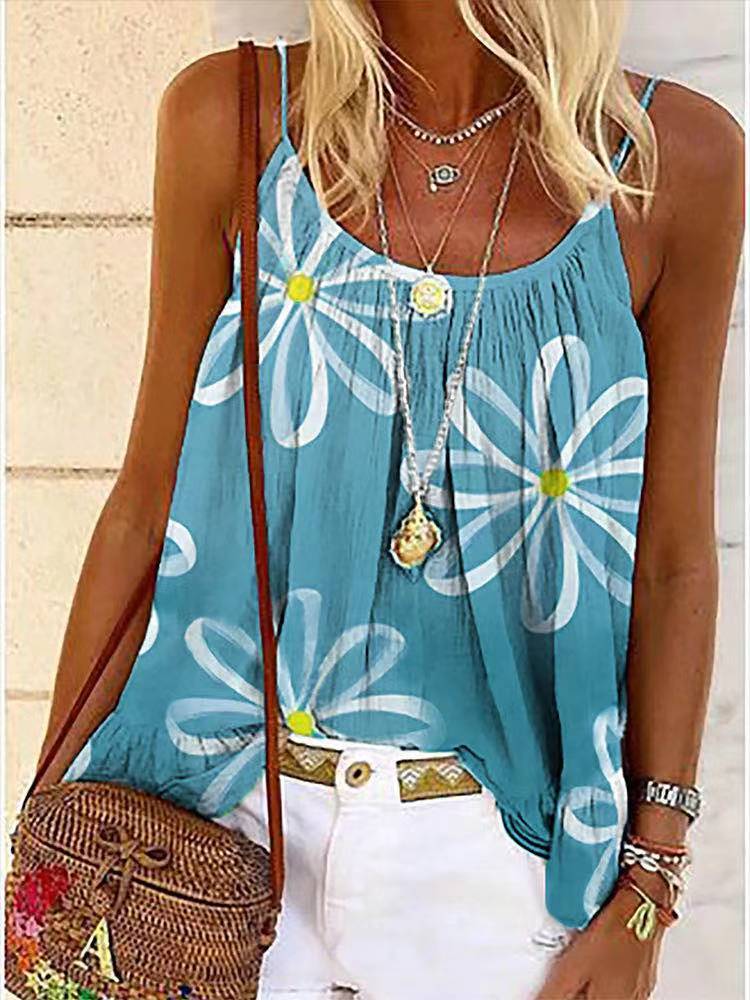 Summer Women Print Sweet Sling Lotus Leaf Blouse