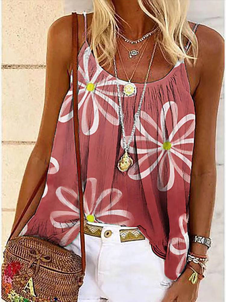 Summer Women Print Sweet Sling Lotus Leaf Blouse