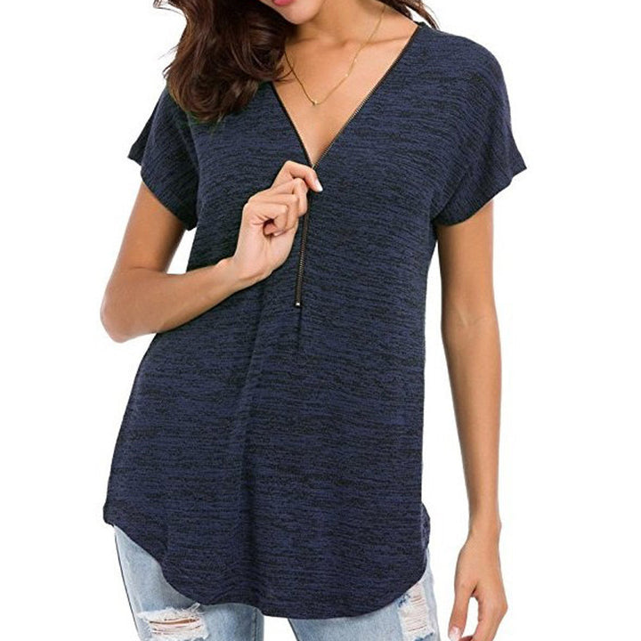 Classy new solid colour short sleeve zip up ladies blouse