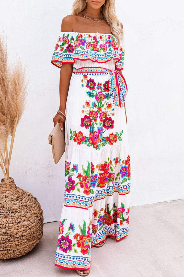 Maxi dress with off-the-shoulder ruffle trim