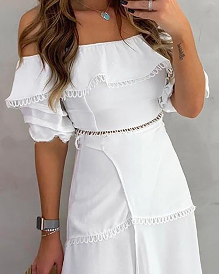 Flattering off-the-shoulder patchwork jumper dress