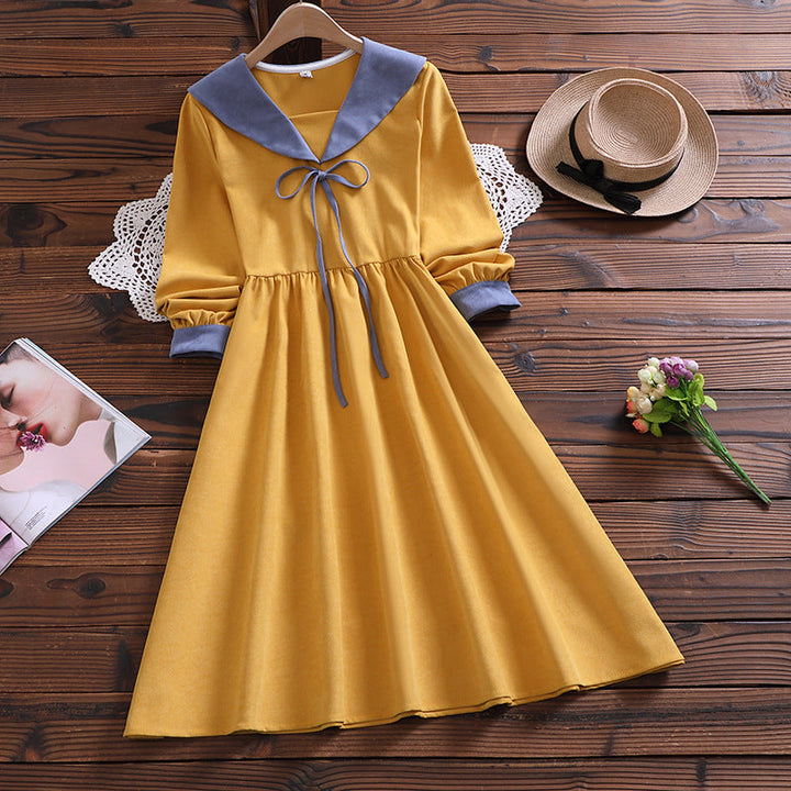 Graceful Navy Collar Loose Long Sleeve Dress Women