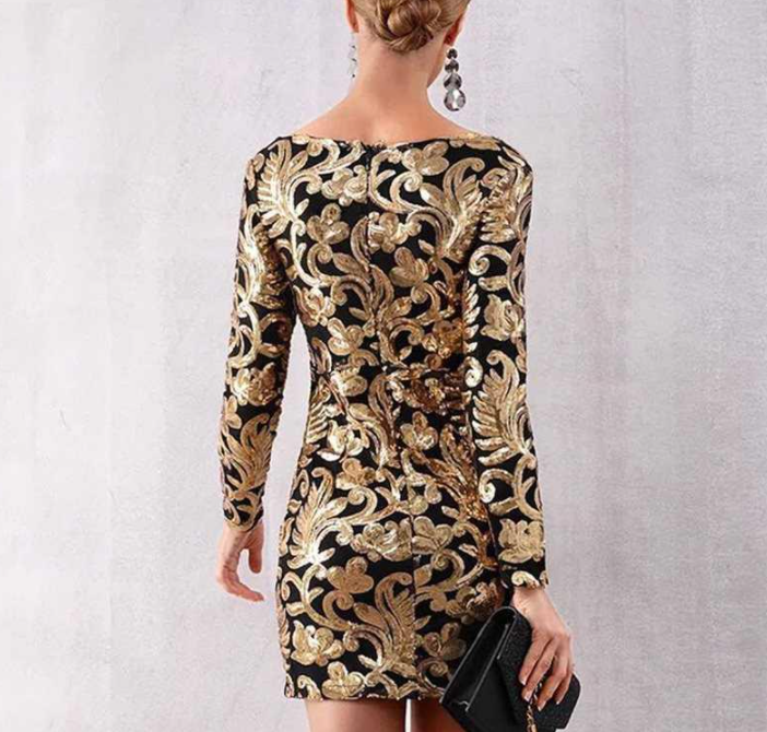 Long Sleeve Sequin Deep V Gold Mini Club Dress