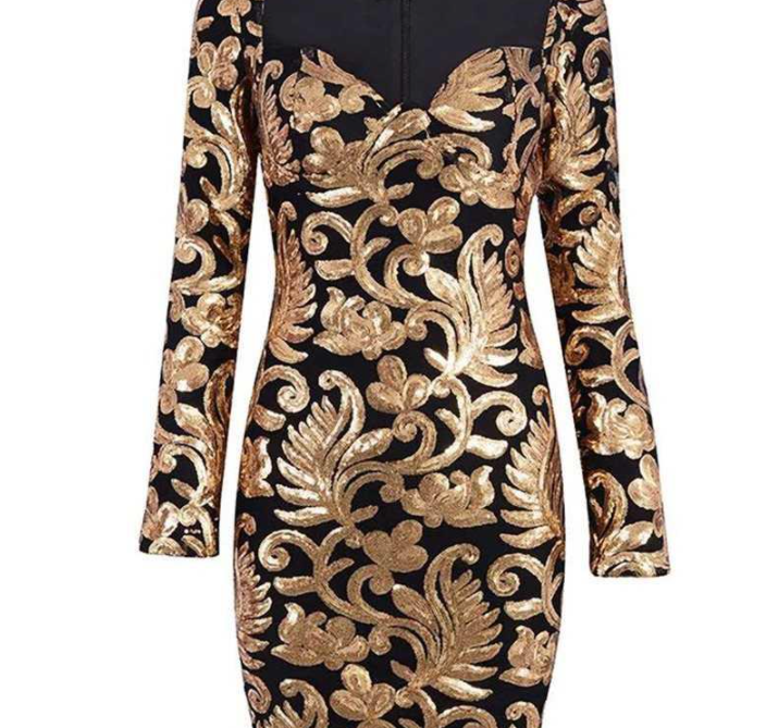 Long Sleeve Sequin Deep V Gold Mini Club Dress