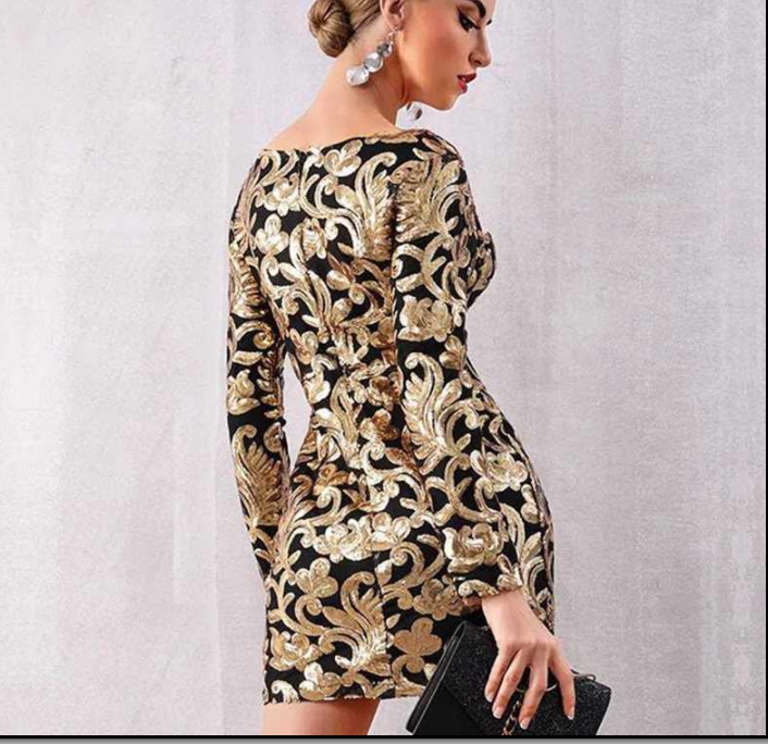 Long Sleeve Sequin Deep V Gold Mini Club Dress