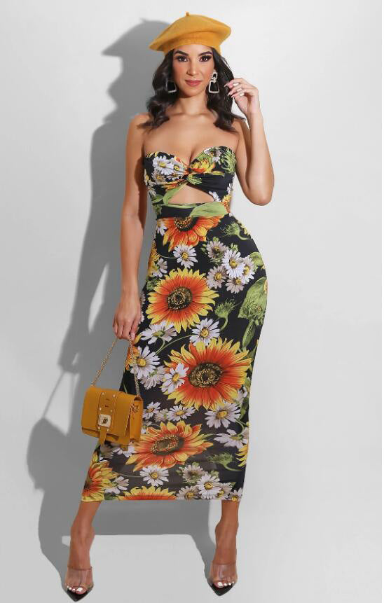 Casual Tube Top Neckline Dress Sunflower Print