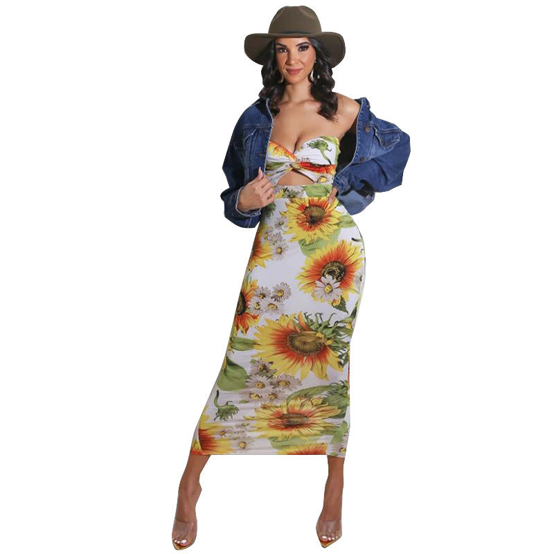 Casual Tube Top Neckline Dress Sunflower Print