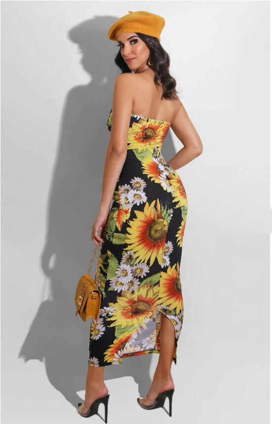 Casual Tube Top Neckline Dress Sunflower Print