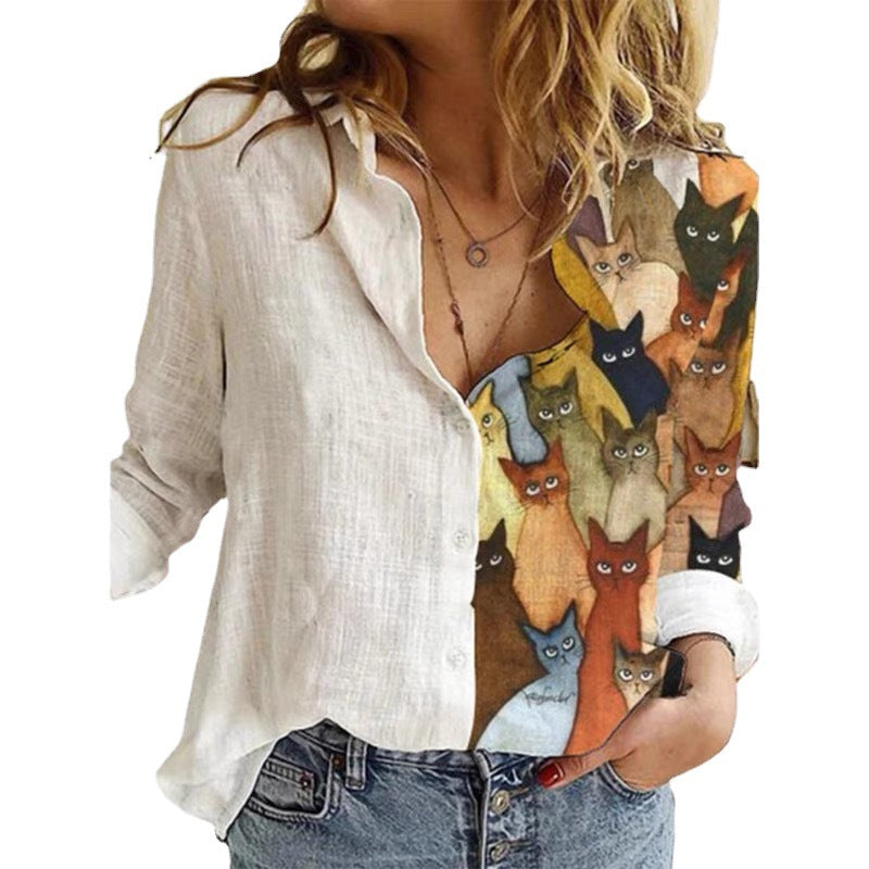 Cartoon Print Stitching Lapel Long Sleeve Button Blouse Women