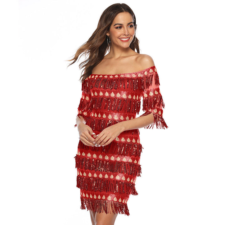 Luxurious single-breasted collar mid-sleeve dress with fringes