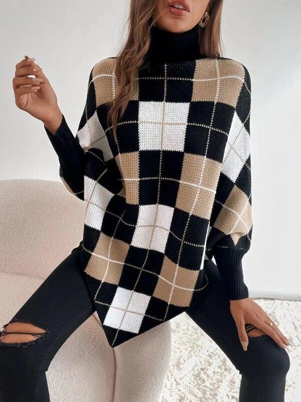 Elegant jumper with geometric print and high neckline