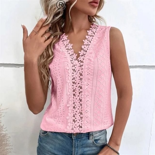 Sleeveless blouse with lace overlay