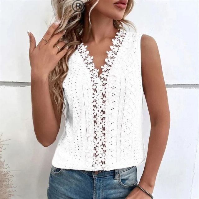 Sleeveless blouse with lace overlay