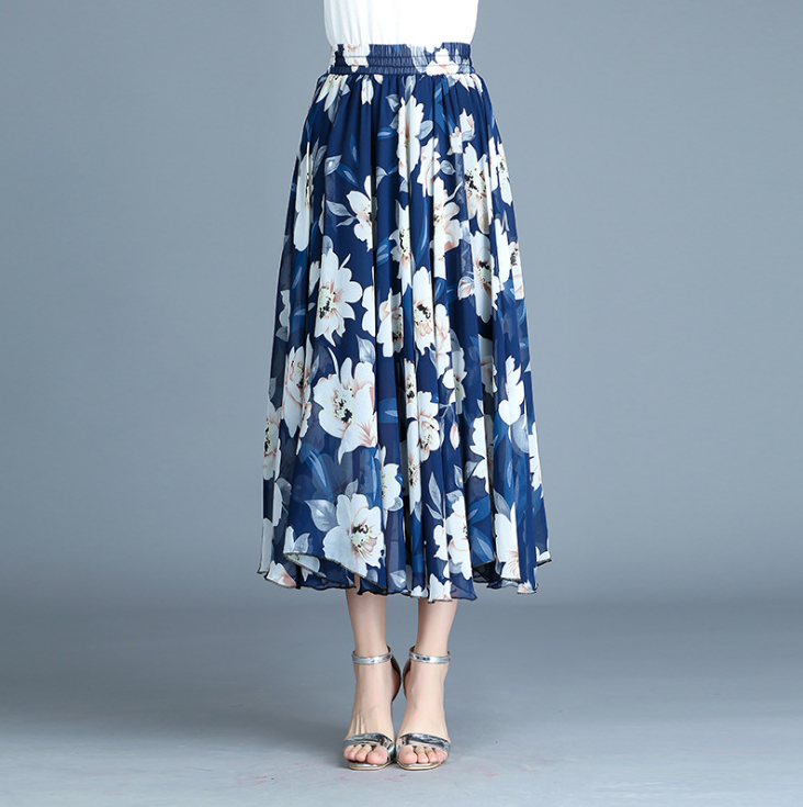 Modern retro skirt printed chiffon dress pleated skirt