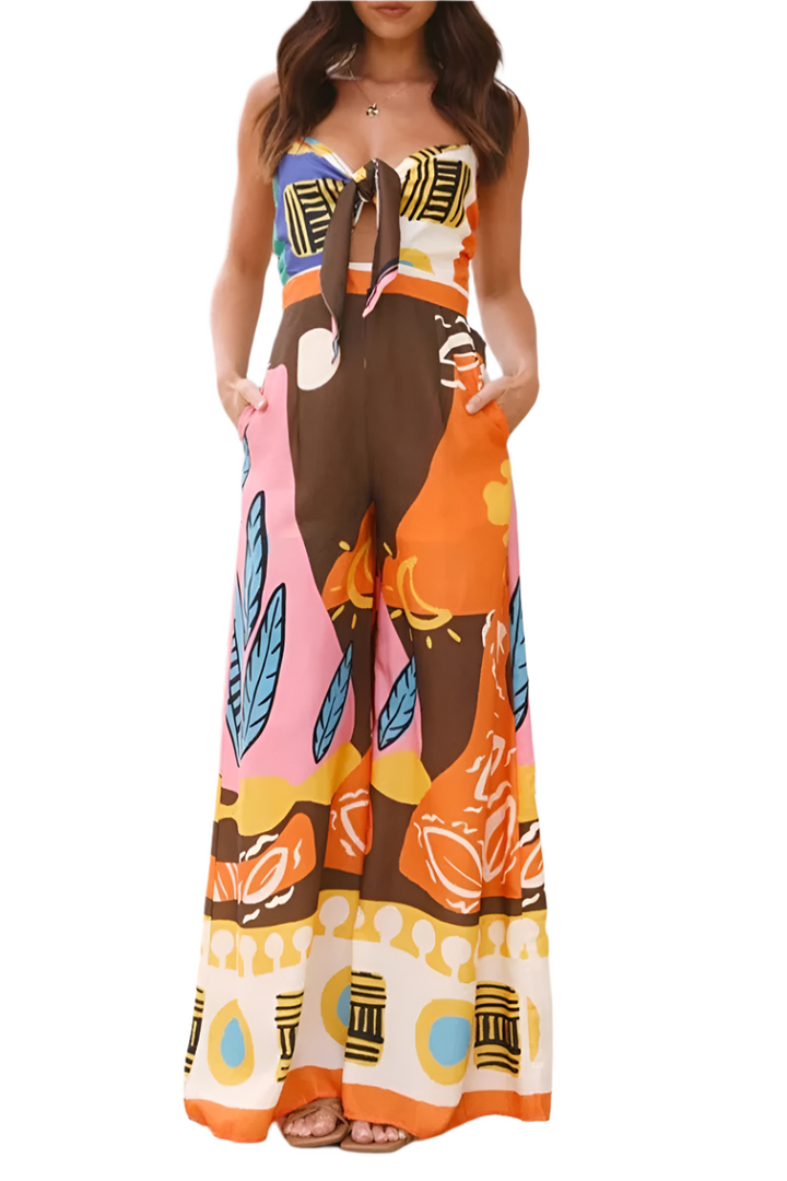 Women's - Casual Holiday Jumpsuit - Geometric Print, Contrasting V-Neck & Pockets - Stylish Summer Outfit