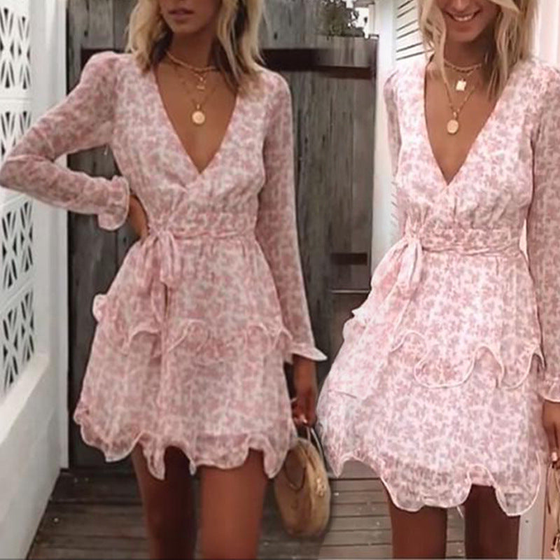 Graceful V-neck chiffon long sleeve print lace dress