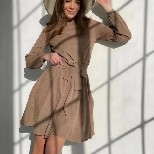 Suede dress with belt and bishop sleeves