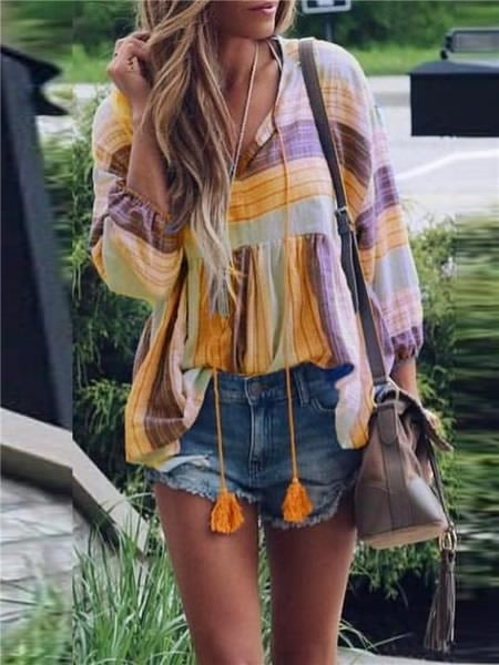 Tassel Rope Printed Blouse In Fashion