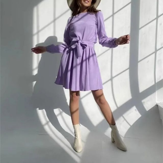 Suede dress with belt and bishop sleeves