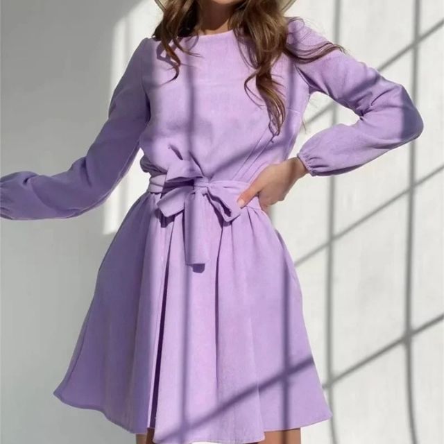 Suede dress with belt and bishop sleeves