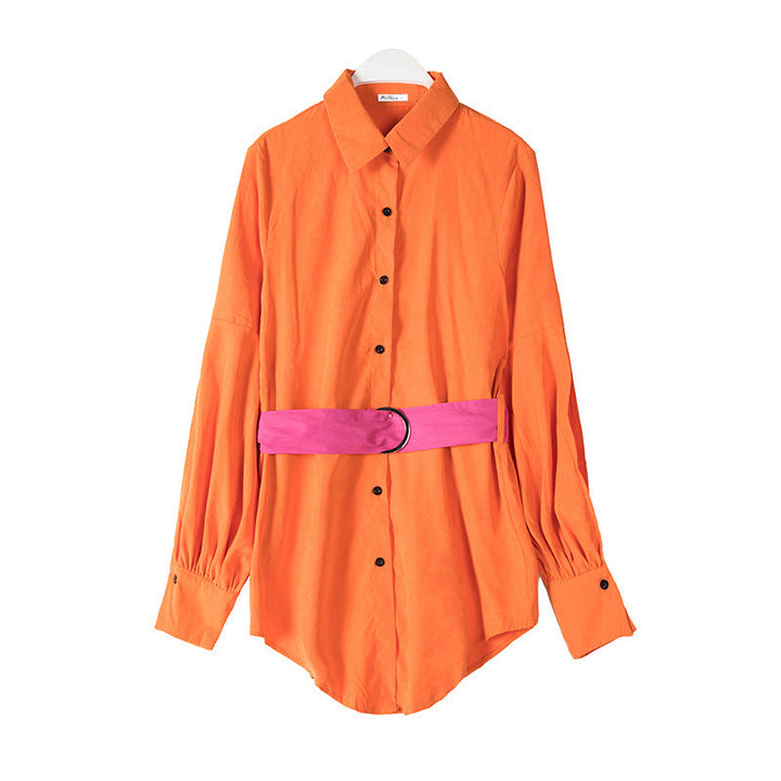 Modern lantern sleeve long blouse with belt