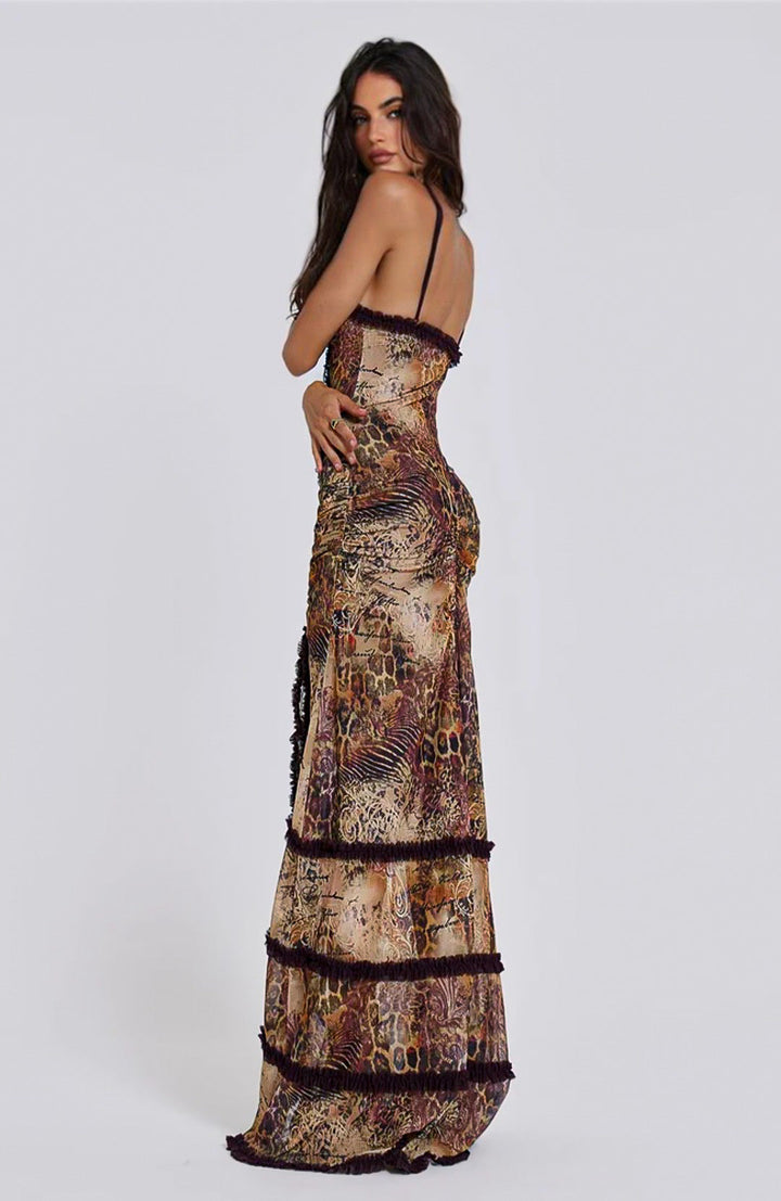 Boho-style maxi dress with lace and leopard print