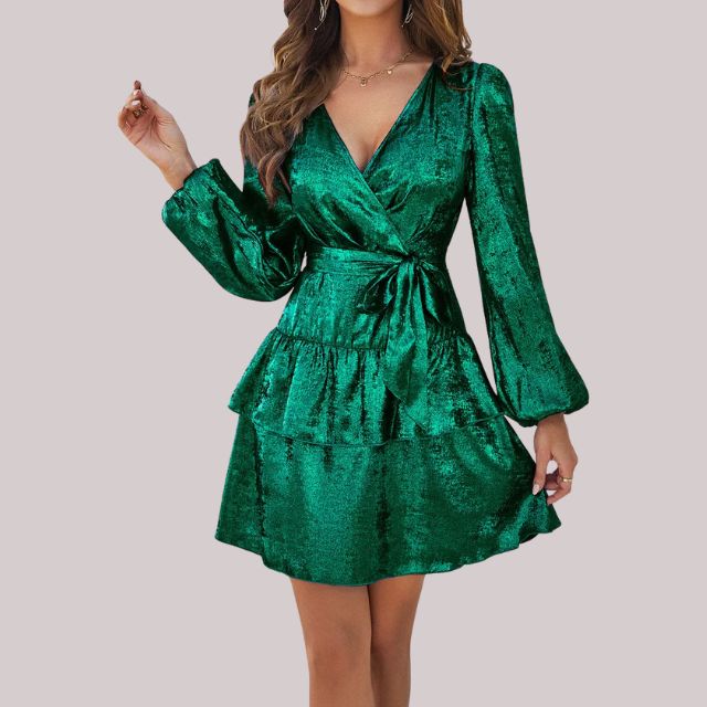 Velvet wrap dress with ruffled hem