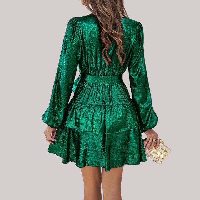 Velvet wrap dress with ruffled hem